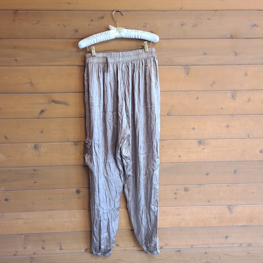 Anthropologie Satin Jogger NWT Cargo Taupe Tina + Jo High Rise L Pull On Pant - Picture 3 of 8